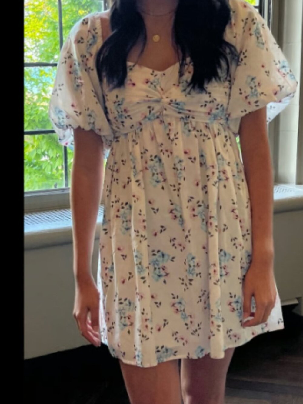 Altar'd State Tillee Blue Pink Floral Puff Sleeve Babydoll Mini Dress L